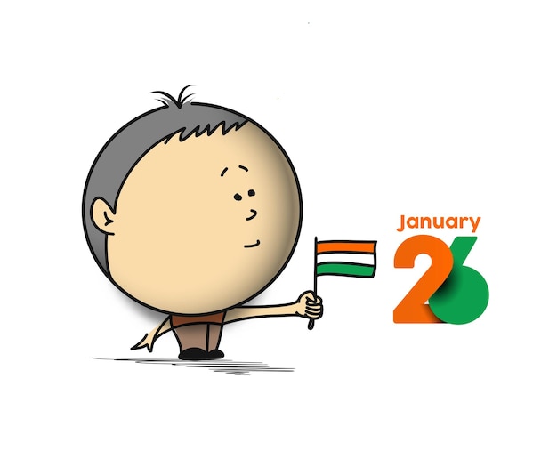 Conceito do dia da República de 26 de janeiro um menino com a mão segurando a bandeira indiana. Fundo do vetor dos desenhos animados.