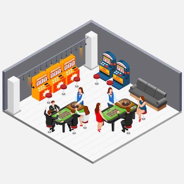 Conceito isométrico com pessoas jogando na sala de cassino com máquinas de jogo ilustração em vetor 3d