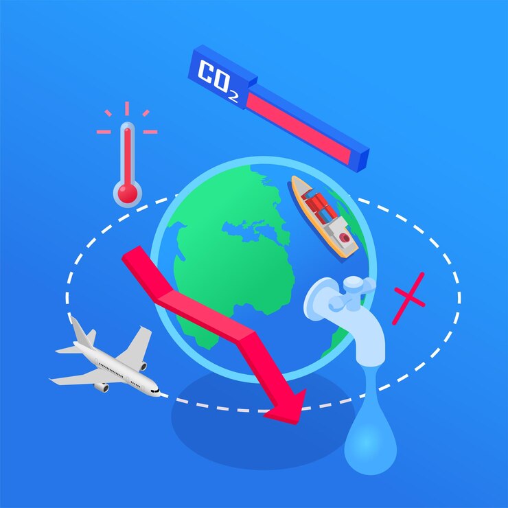 Vetor grátis conceito isométrico de consumismo com ilustração vetorial de símbolos de emissão de globo e co2