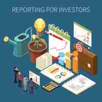 Vetor grátis conceito isométrico de crowdfunding e captação de recursos com ilustração vetorial de relatórios financeiros de investidores