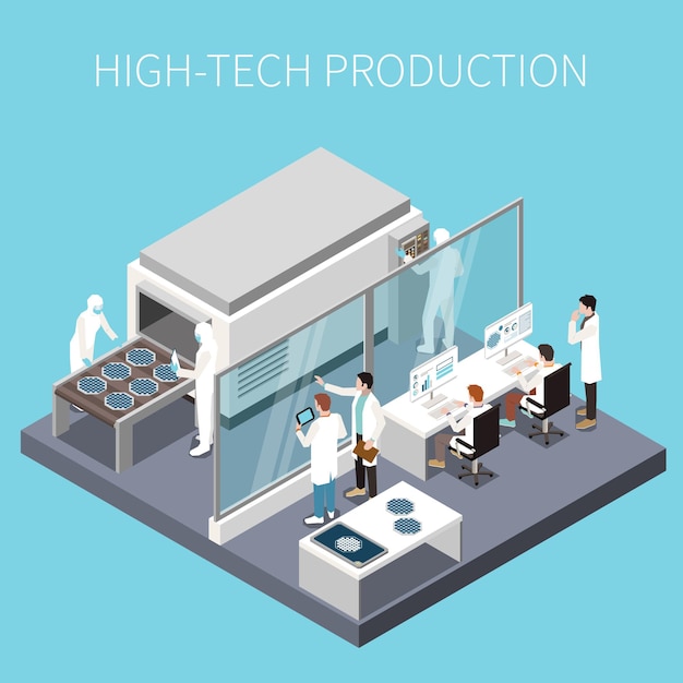 Conceito isométrico de desenvolvimento de pesquisa com cientistas em ilustração vetorial de laboratório de tecnologia