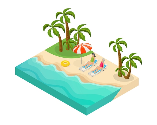 Conceito isométrico de férias de verão para aposentados com aposentados deitados em espreguiçadeiras perto do mar em uma praia tropical