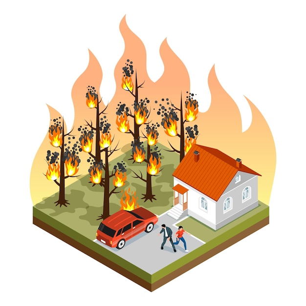 Vetor grátis conceito isométrico de incêndio florestal de desastre natural com pessoas preocupadas fugindo de árvores em chamas perto de sua ilustração em vetor 3d de casa