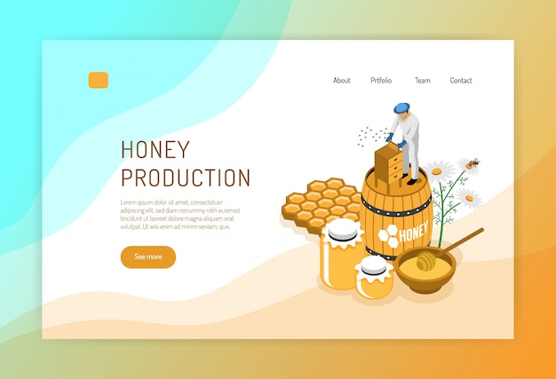 Vetor grátis conceito isométrico de produção de mel da página web com apicultor durante o trabalho na cor