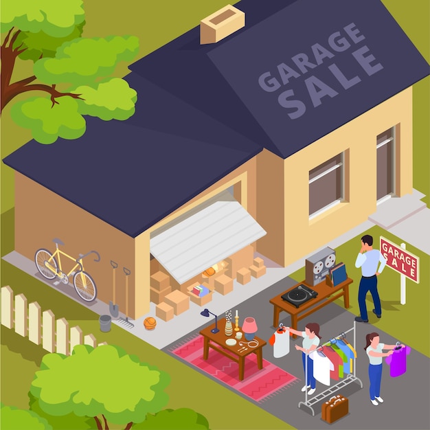 Vetor grátis conceito isométrico de venda de garagem com pessoas vendendo e comprando ilustração vetorial de bens de segunda mão