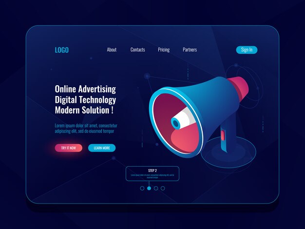 Conceito on-line de publicidade inteligente, ícone isométrica de alto-falante megafone, promoção mídia social escuro