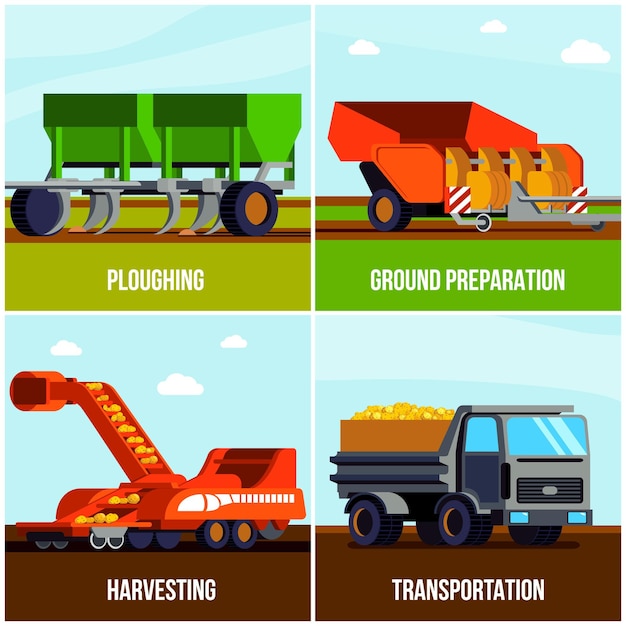 Vetor grátis conceito plano de produção de batata com arado, preparação do solo, colheita e transporte isolado