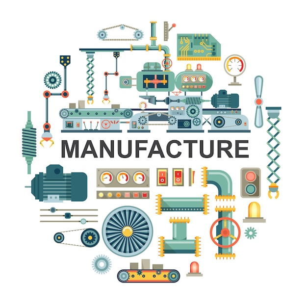 Conceito plano industrial redondo com diferentes partes e componentes da ilustração da correia transportadora