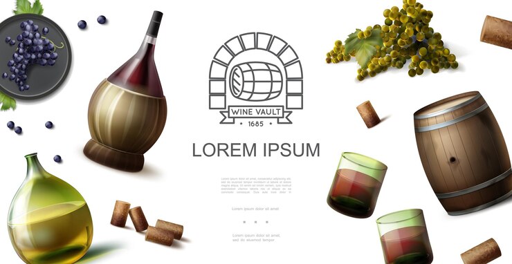 Vetor grátis conceito realista da indústria vinícola com garrafas originais de copos de vinho tinto e branco rolhas de barril de madeira cachos de ilustração de uva