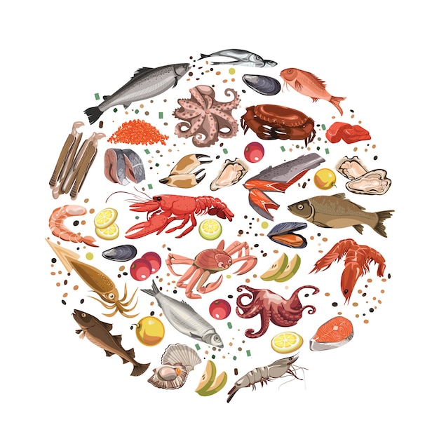 Vetor grátis conceito redondo de produtos de frutos do mar de esboço colorido