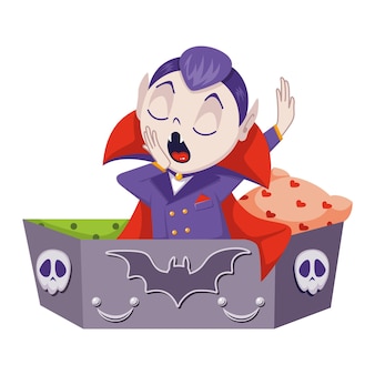 Conde drácula para o halloween. vampiro acordando para o caixão. ilustração em vetor plana dos desenhos animados