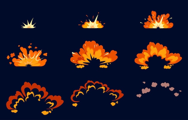 Ícone de explosão de bomba definido animação passo a passo com efeito boom em preto