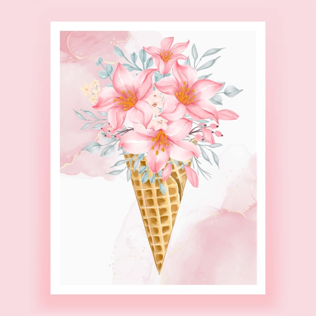 Cone de gelo com aquarela flor rosa pêssego