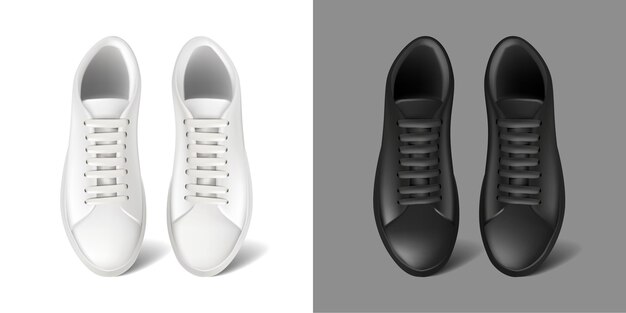 Ícone de vetor realista Tênis de corrida branco e preto com sapatos esportivos de renda