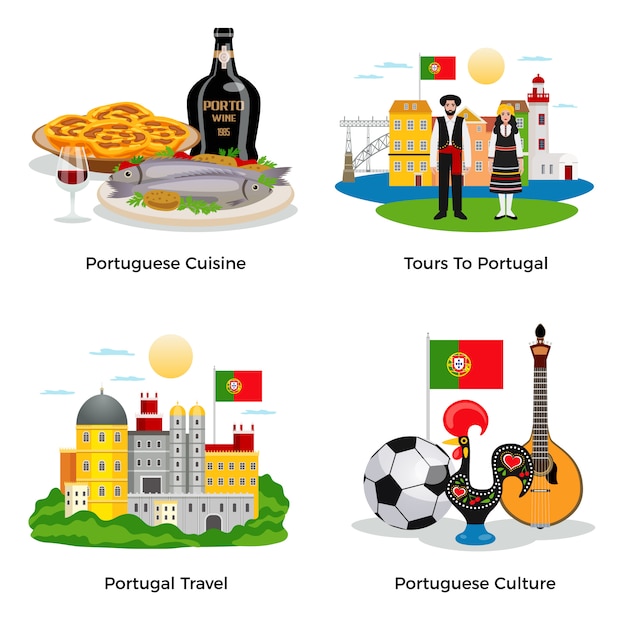 Ícones de conceito de turismo de Portugal conjunto com símbolos de cozinha e cultura plano isolados