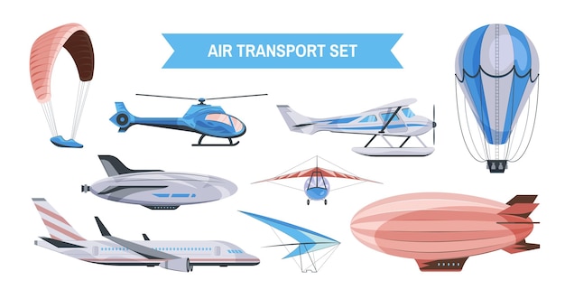 Ícones de cores de equipamentos de transporte de aviação, vista frontal e lateral, conjunto de ilustração vetorial plana
