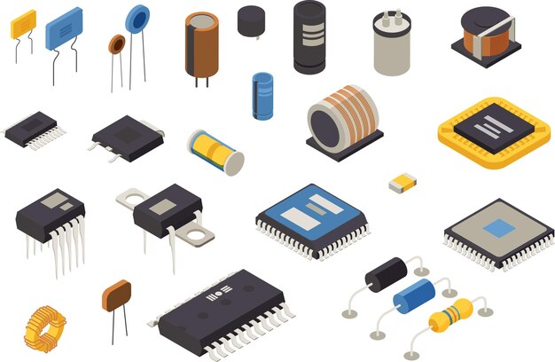 Ícones de produção de elementos semicondutores definidos com ilustração vetorial isométrica de símbolos de tecnologia