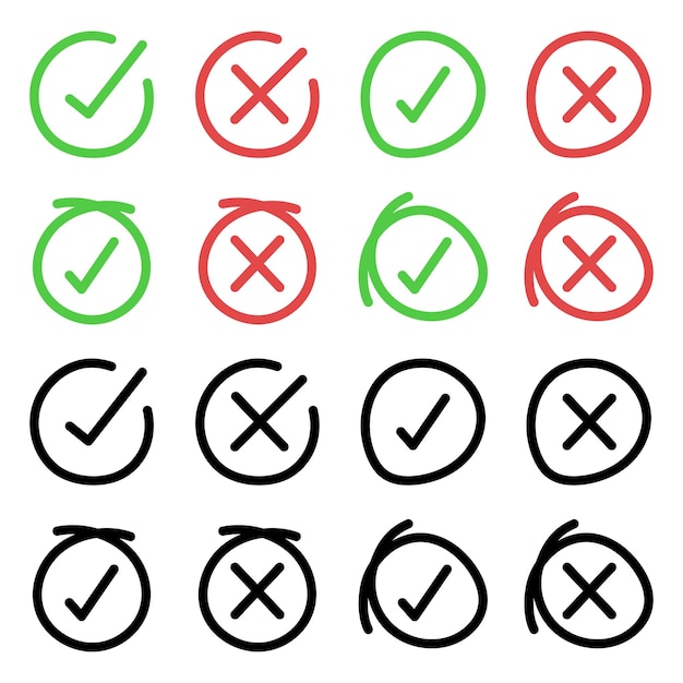 Vetor grátis configuração de doodle check e cross marks