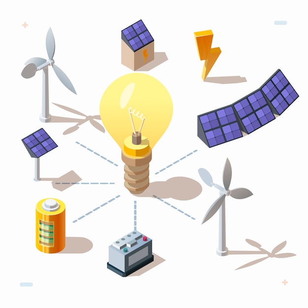 Conjunto 3d isométrico de fontes alternativas de energia renovável eco, ícones de energia elétrica. Painéis solares, lâmpada elétrica, turbinas eólicas, bateria, gerador de energia, tensão. Símbolos elétricos.