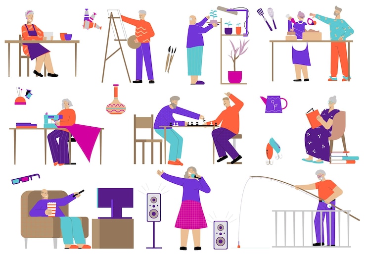Vetor grátis conjunto adulto de hobby de composições planas com personagens humanos de estilo cartoon e atividades de lazer envolvendo-os ilustração vetorial