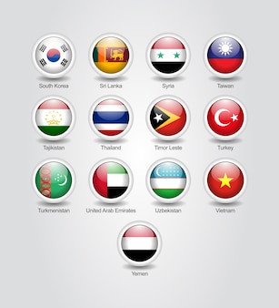 Conjunto brilhante de ícones 3d para bandeiras de países asiáticos
