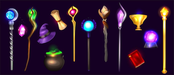 Vetor grátis conjunto colorido de acessórios mágicos de pote de bruxa de chapéu mágico com varinha mágica de poção verde mágica decorada com ilustração vetorial realista de joia
