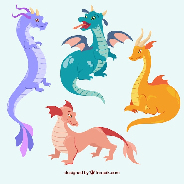 Conjunto colorido de dragões com design plano