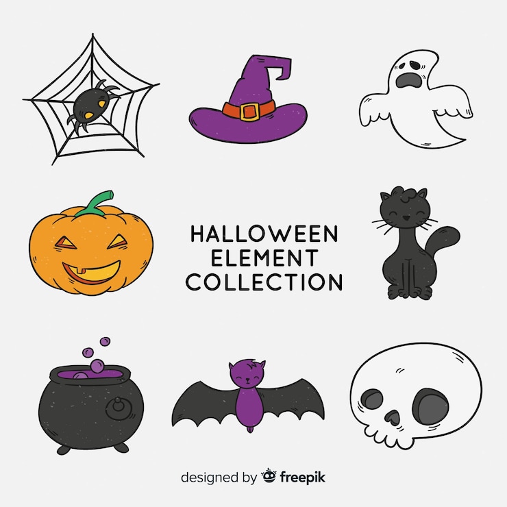 Vetor grátis conjunto colorido de elementos de halloween mão desenhada