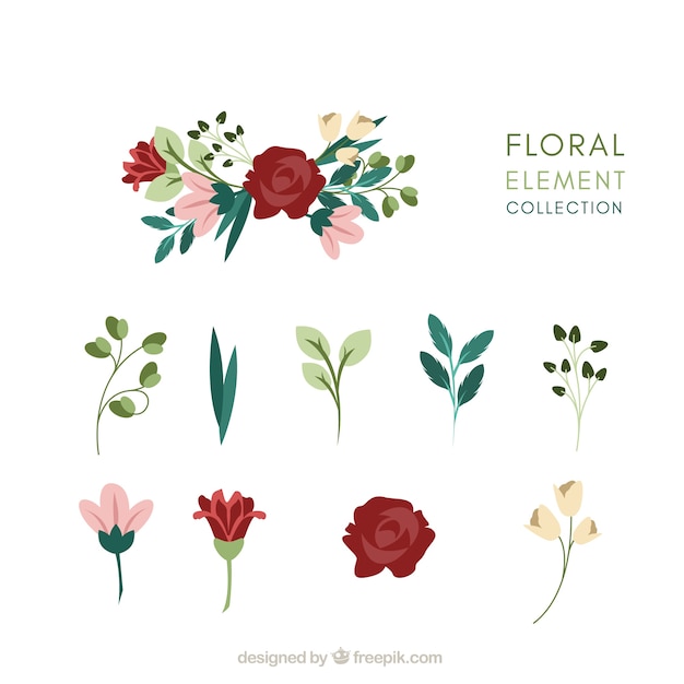 Conjunto colorido de elementos florais com design plano