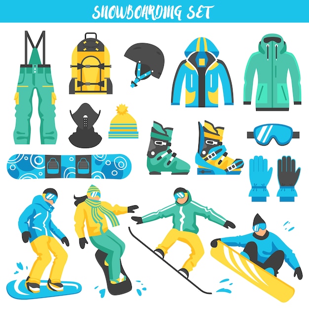 Conjunto colorido de equipamento de snowboard