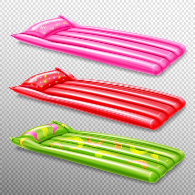 Conjunto colorido realista de colchões infláveis de ar para natação, ilustração de trajeto de grampeamento isolado