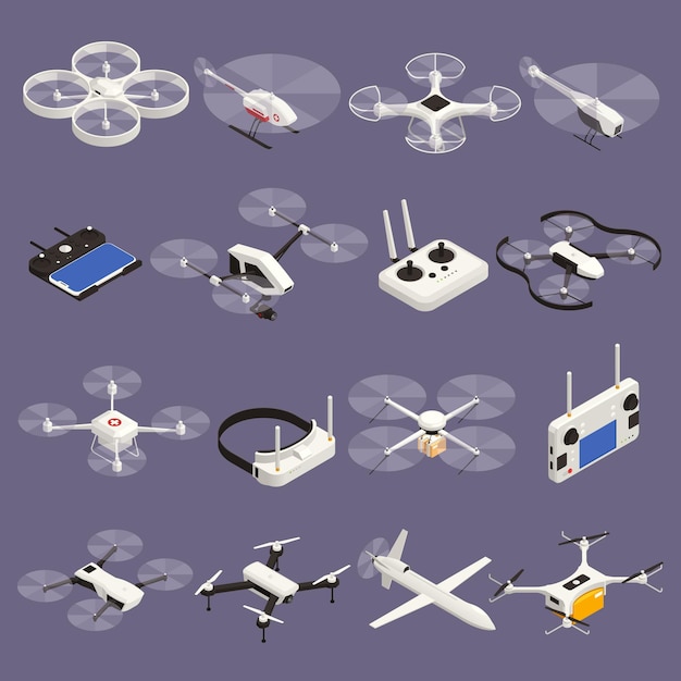 Conjunto com ícones isométricos de drones isolados e imagens de controles remotos e vários modelos de ilustração vetorial de quadricópteros