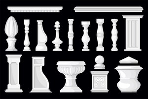 Conjunto com imagens isoladas de vasos de balaústres de pedra e colunas de cor branca sobre ilustração vetorial de fundo preto