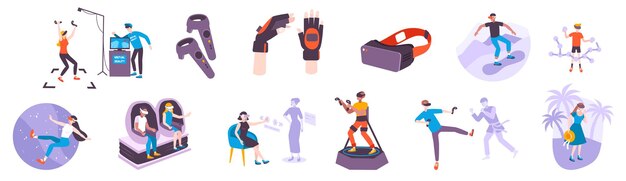 Conjunto com personagens isolados de estilo doodle plano de pessoas vr com silhuetas de bairros virtuais e gadgets usáveis ilustração vetorial