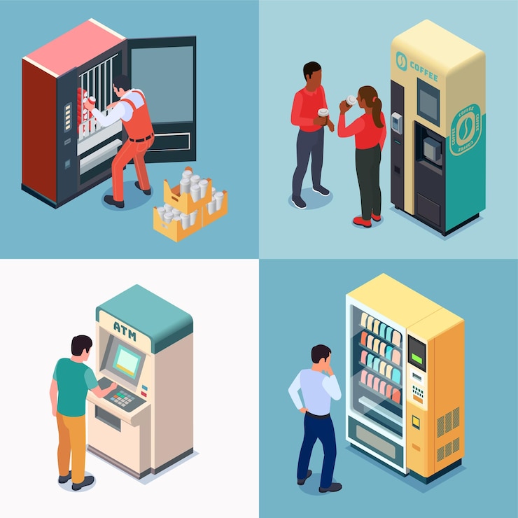 Vetor grátis conjunto com quatro composições isométricas de máquina de venda automática quadrada com personagens de técnicos de usuários e ilustração vetorial de terminais eletrônicos