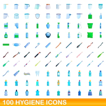 Conjunto de 100 ícones de higiene. ilustração dos desenhos animados de 100 ícones de higiene conjunto de vetores isolados no fundo branco