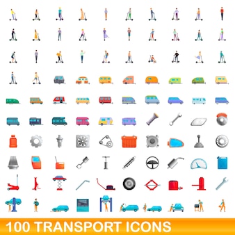 Conjunto de 100 ícones de transporte. ilustração dos desenhos animados de um conjunto de vetores de 100 ícones de transporte isolado no fundo branco