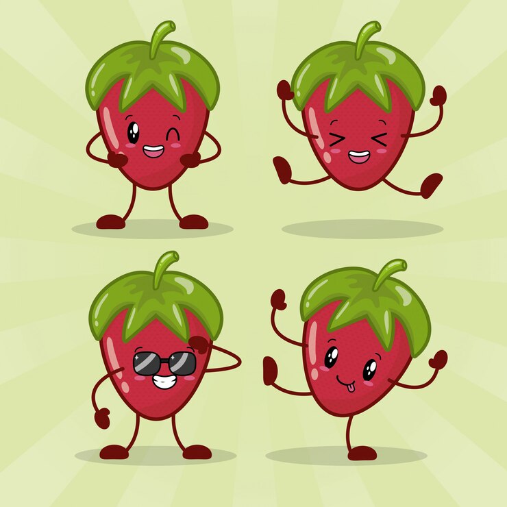Vetor grátis conjunto de 4 kawaii morango com diferentes expressões felizes