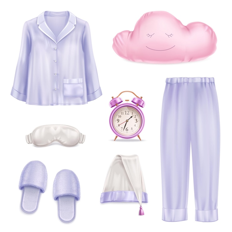 Vetor grátis conjunto de acessórios de sono com chinelos de pijama de cor pastel realistas, máscara de travesseiro, chapéu de despertador isolado em ilustração vetorial de fundo branco