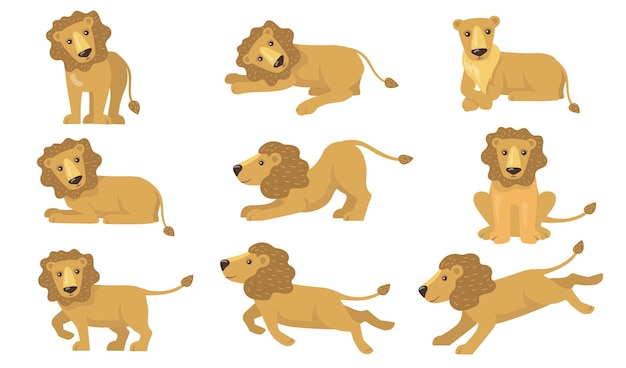 Conjunto de ações do leão dos desenhos animados. animal amarelo engraçado com cauda em pé, mentindo, brincando, correndo, caçando. ilustração vetorial para felino, safari