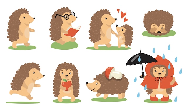 Vetor grátis conjunto de ações e poses de ouriço fofo. animal selvagem de desenho animado andando na chuva, lendo, brincando com o bebê, dormindo, correndo, carregando comida. ilustração vetorial para vida selvagem, natureza