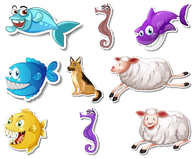 Vetor grátis conjunto de adesivos com personagens de desenhos animados de animais marinhos e cães