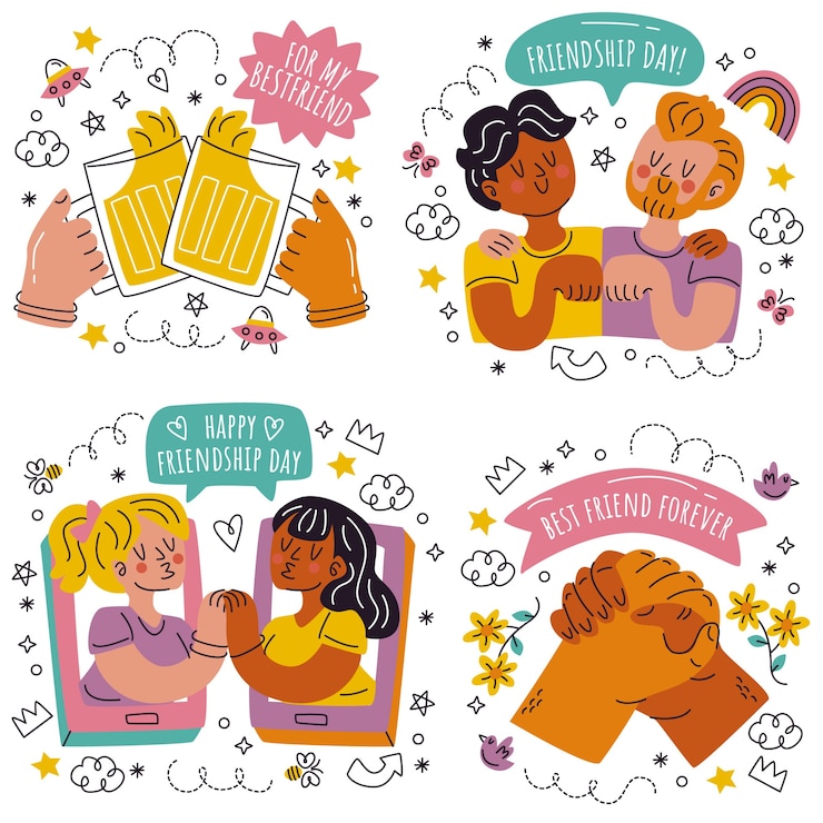 Vetor grátis conjunto de adesivos de amizade de doodle desenhado à mão