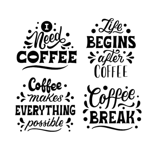 Conjunto de adesivos de café com letras pretas