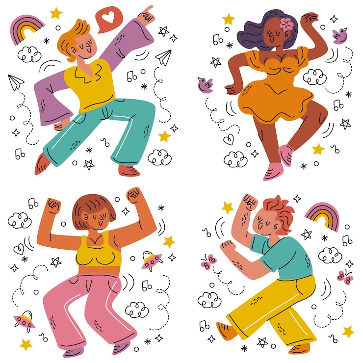 Vetor grátis conjunto de adesivos de dançarina de doodle desenhado à mão