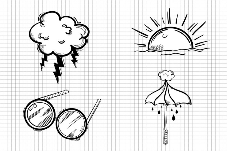 Vetor grátis conjunto de adesivos de desenho animado de vetor de ícone de clima de doodle funky