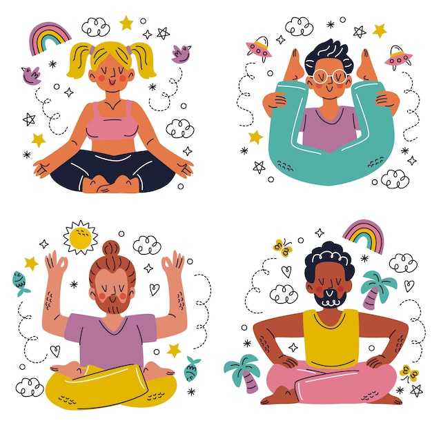 Vetor grátis conjunto de adesivos de meditação de doodle desenhado à mão