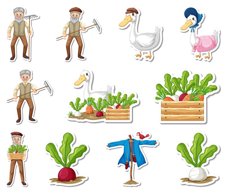 Vetor grátis conjunto de adesivos de objetos de fazenda e personagens de desenhos animados de agricultores