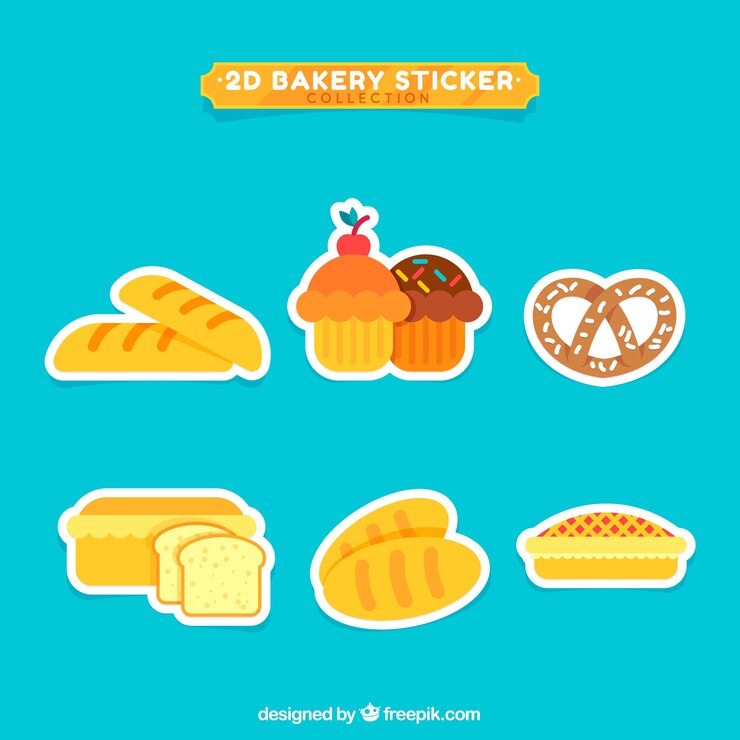 Vetor grátis conjunto de adesivos de padaria em estilo 2d