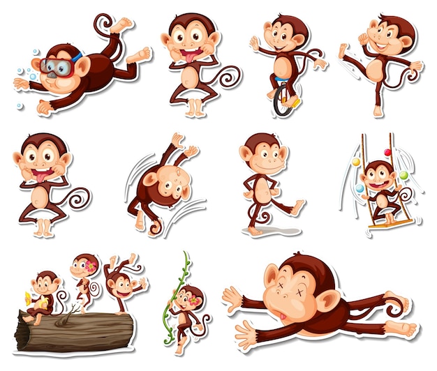 Conjunto Macacos Engraçados Bonitos Estilo Desenho Animado vetor(es) de  stock de ©musicphone1 201037864